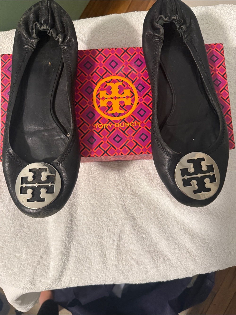 Tory Burch Black Leather Logo Ballet Flats with Silver Medallions